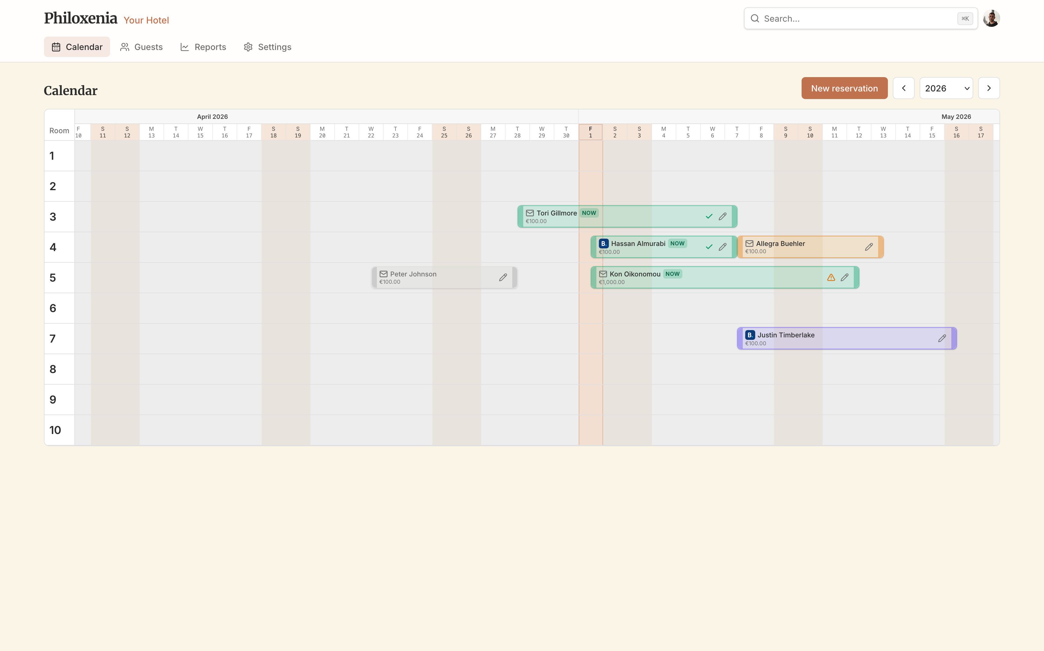 Philoxenia calendar month view with room rows and reservation bars